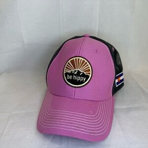 Be Hippy Mountain Trucker Hat Colorado Flag cotton twill front mesh back snap bk
